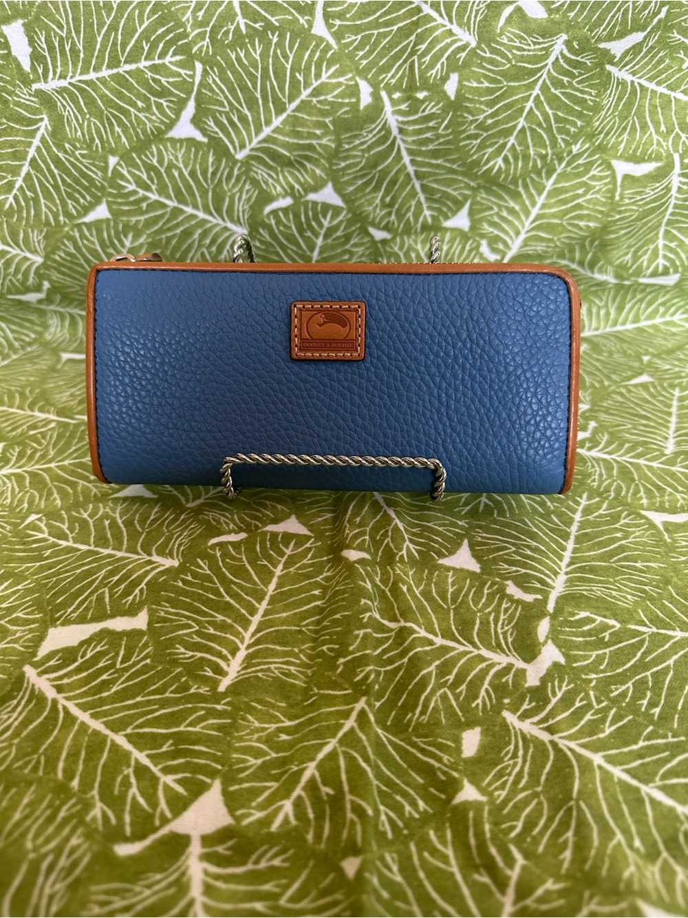 Dooney & Bourke Blue Pebble Leather Continental Zip Wallet with Tan Trim